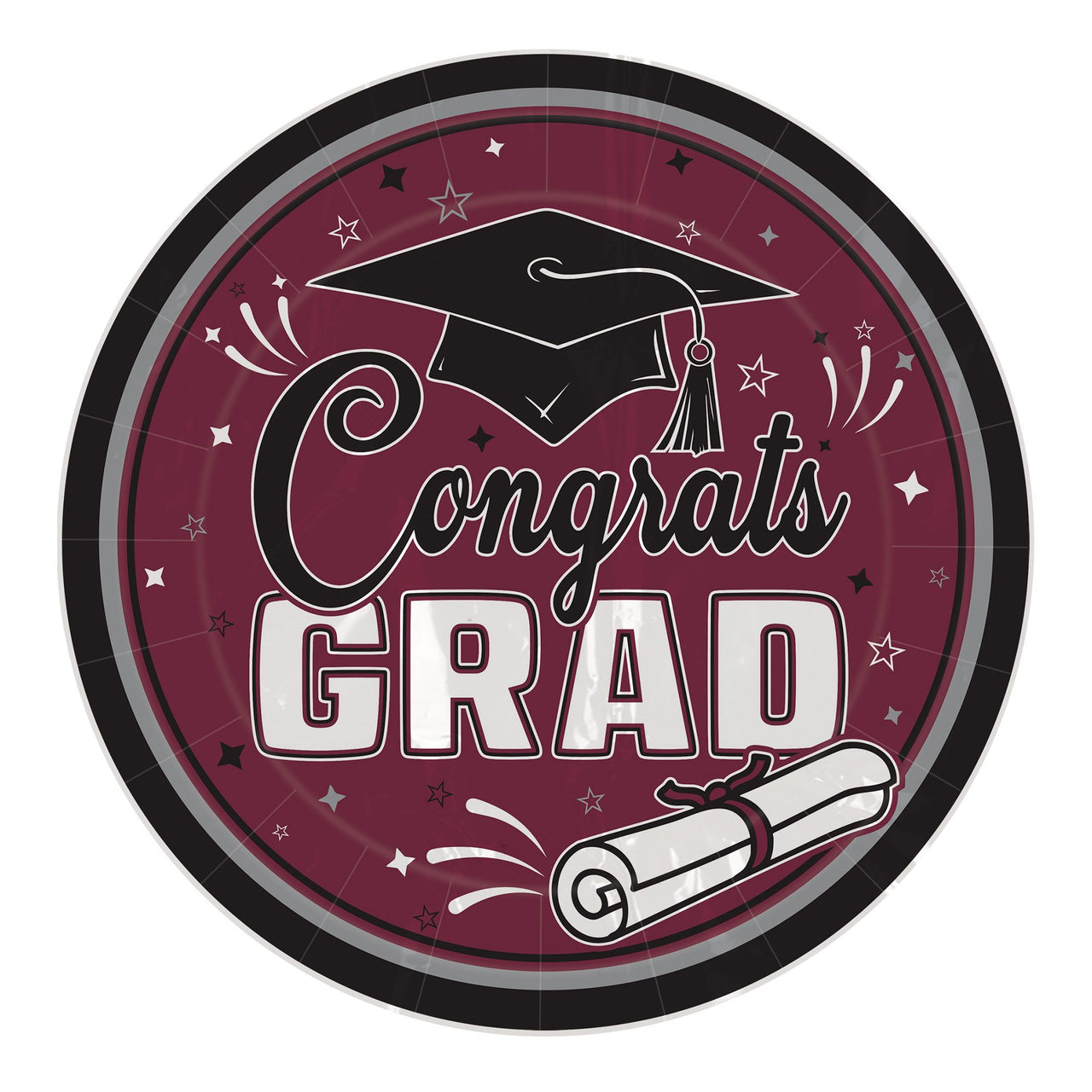 216 Pack Bulk Congrats Grad Burgundy 9 inch Dinner Plates