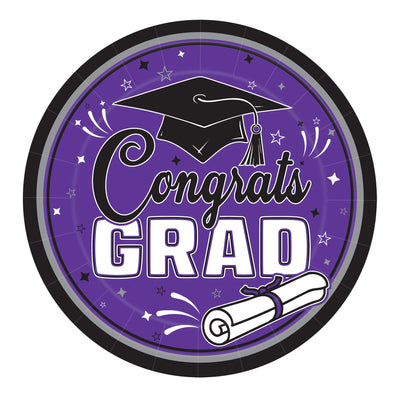 Purple "Congrats Grad" 9" Dinner Plates - 18/Pkg