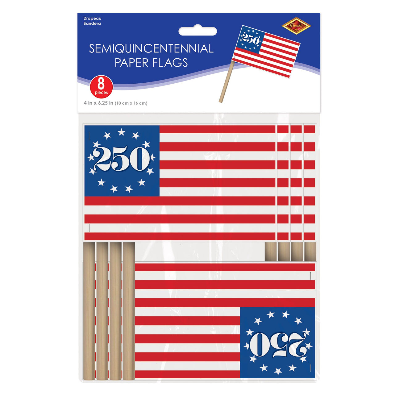 96 Pack Bulk Semiquincentennial Paper Flags 8 Pack with Wooden Sticks