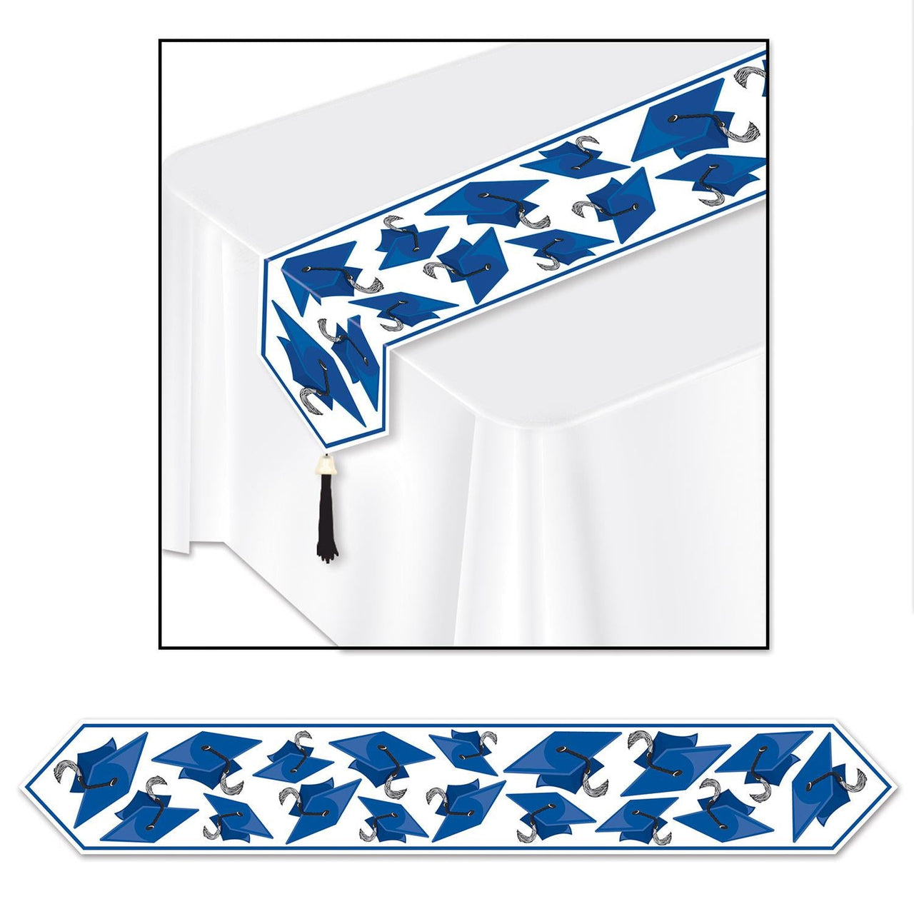 Printed Grad Cap Graduation Party Paper Table Runner - blue - Bulk 12 Pack