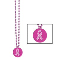 Bead Necklace with Printed Pink Ribbon Medallion - Bulk 12 Pack