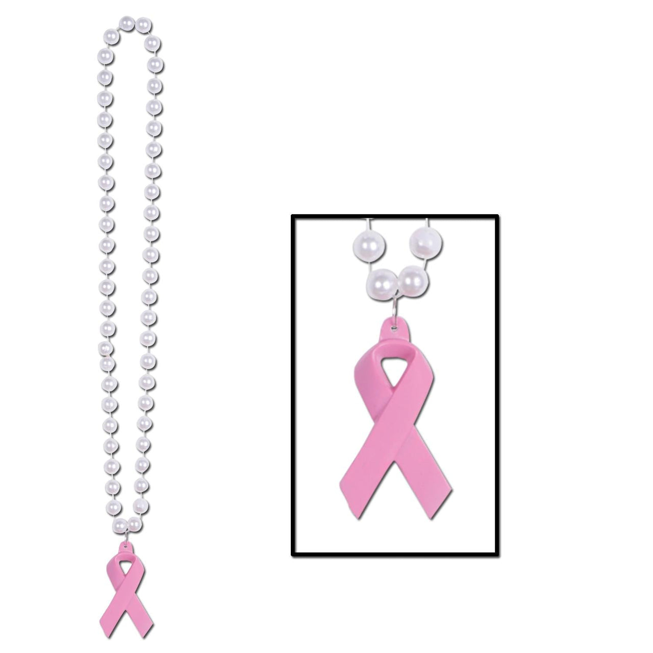 Bead Necklace with Pink Ribbon Medallion - Bulk 12 Pack