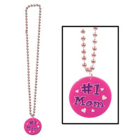 Bead Necklace with Printed #1 Mom Mother's Day Medallion - Bulk 12 Pack