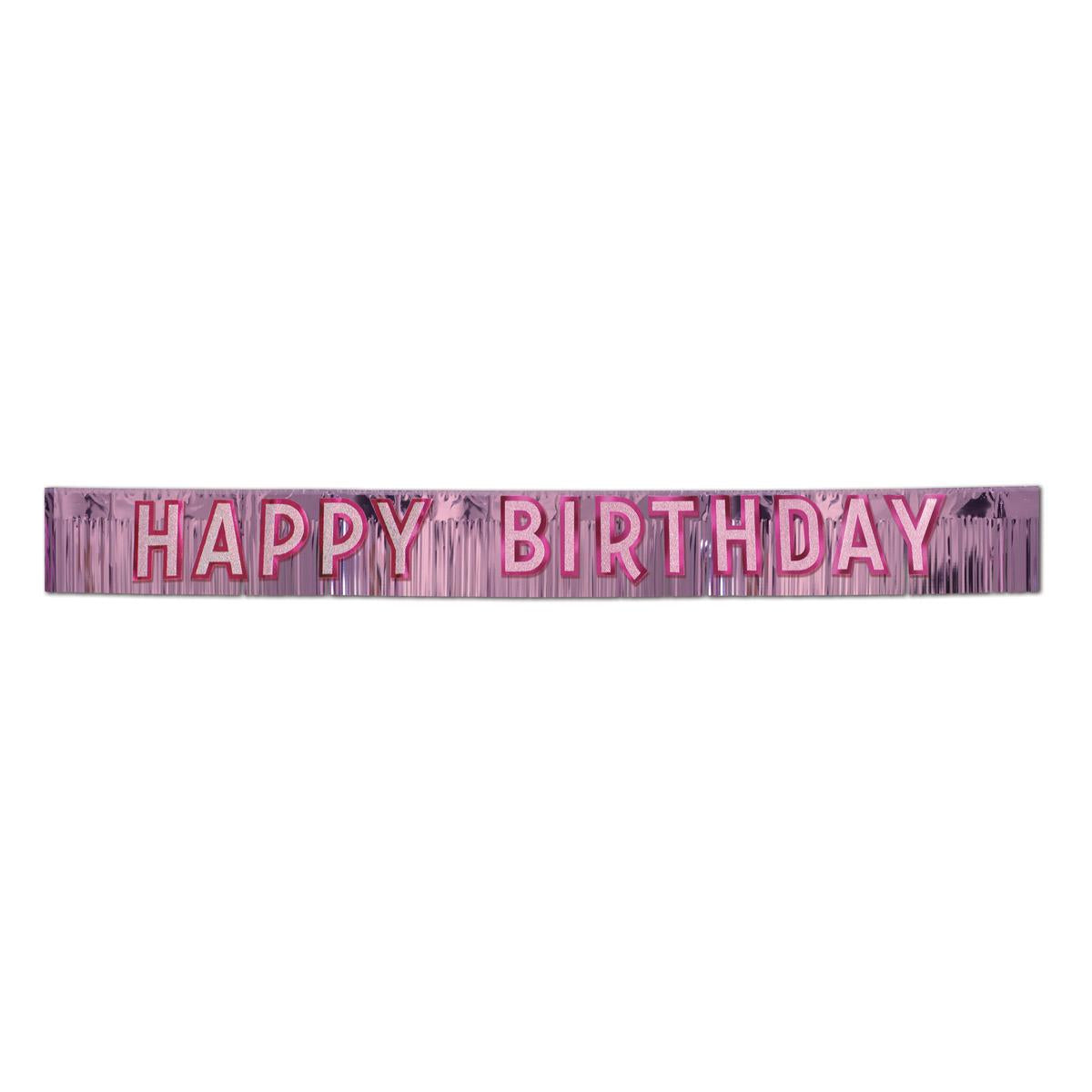 Metallic Happy Birthday Party Banner - pink with silver - Bulk 6 Pack