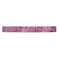 Metallic Happy Birthday Party Banner - pink with silver - Bulk 6 Pack
