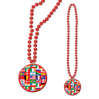 Party Bead Necklaces with International Flag Medallion - Bulk 12 Pack