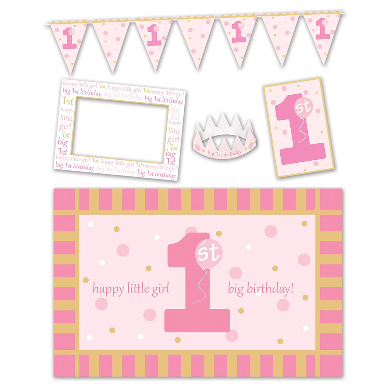 1st Birthday Party Pink 5 Piece High Chair Decorating Kit - Bulk/6 Kits