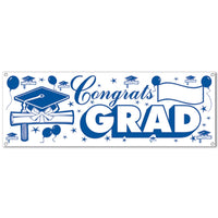 Congrats Grad Graduation Party Sign Banner - blue/white - Bulk 12 Pack
