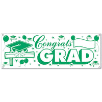 Congrats Grad Graduation Party Sign Banner - green/white - Bulk 12 Pack