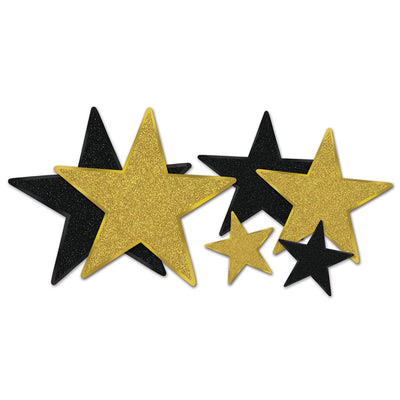 Glittered Foil Star Party Cutouts - Asst black/gold - Bulk 72 Pack