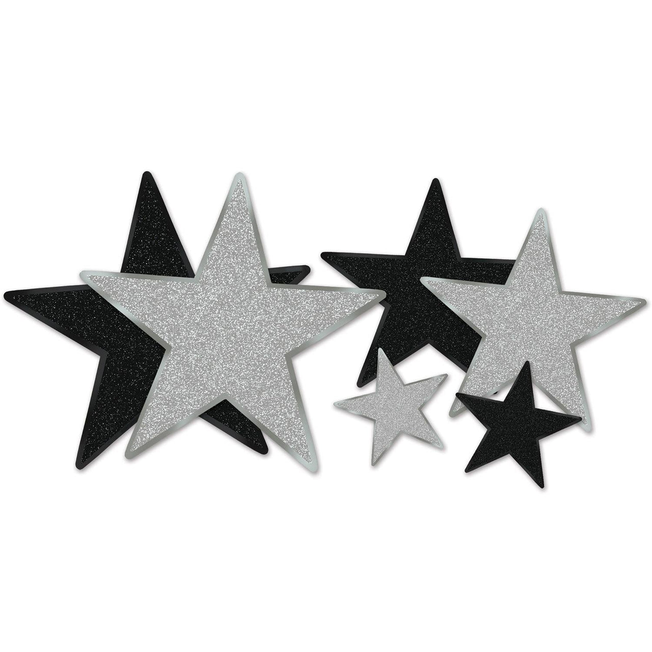 Glittered Foil Star Party Cutouts - Asst black/silver - Bulk 72 Pack