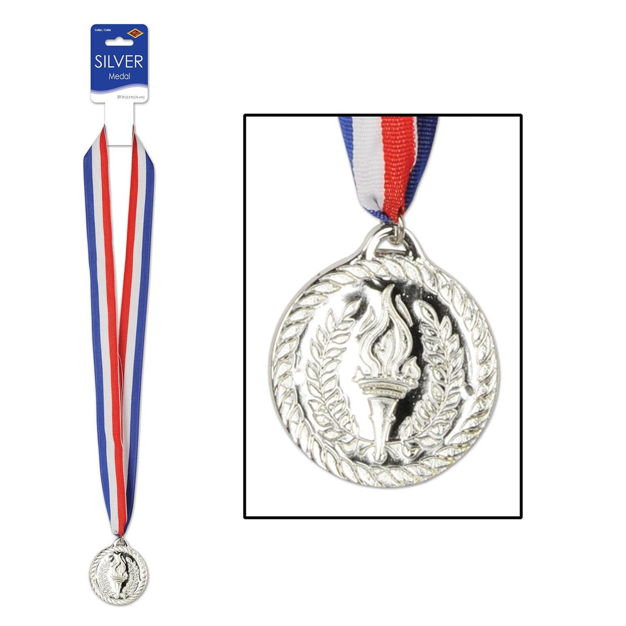 2 Inch-Silver Medal with Ribbon - Bulk 12 Pack