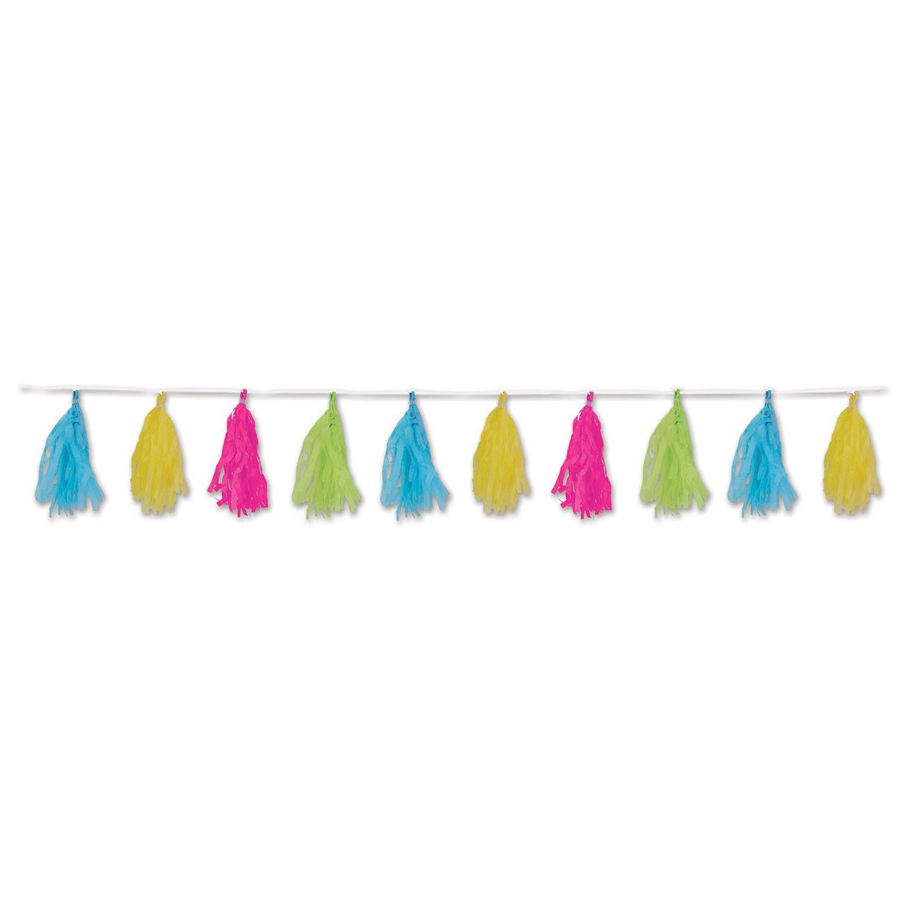 Luau Party Tissue Tassel Garland - cerise - lime green - turquoise - yellow - Bulk 12 Pack
