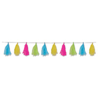 Luau Party Tissue Tassel Garland - cerise - lime green - turquoise - yellow - Bulk 12 Pack