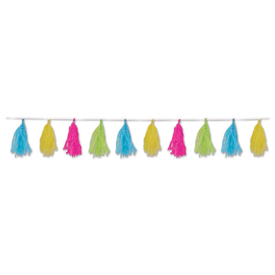 Luau Party Tissue Tassel Garland - cerise - lime green - turquoise - yellow - Bulk 12 Pack