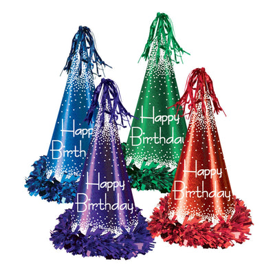 Fringed Foil Happy Birthday Party Hats assorted colors - Bulk 12 Pack