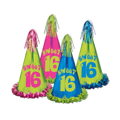Fringed Foil Sweet 16 Birthday Party Hats assorted colors - Bulk 12 Pack