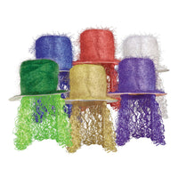 Tinsel Top Hat with Curly Wig, Asst colors - Bulk 6 Pack