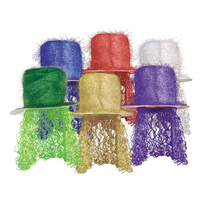 Tinsel Top Hat with Curly Wig, Asst colors - Bulk 6 Pack