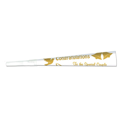 Wedding/Anniversary Trumpets white with gold print - Bulk 100 Pack