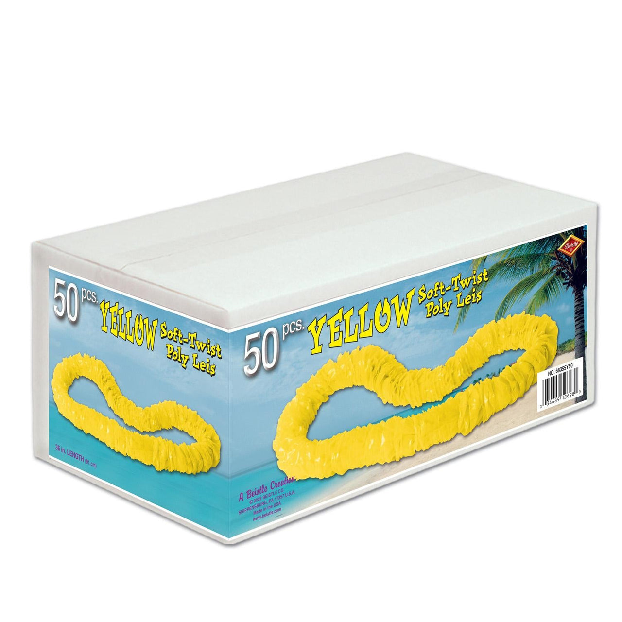 Luau Party Yellow Soft-Twist Poly Leis with Labeled Box - 50 Leis