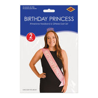 6 Pack Bulk Birthday Princess Headband/Glittered Sash Set
