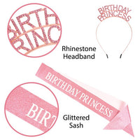6 Pack Bulk Birthday Princess Headband/Glittered Sash Set