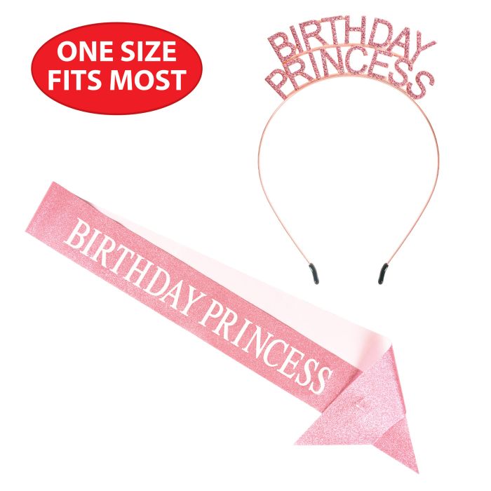 6 Pack Bulk Birthday Princess Headband/Glittered Sash Set