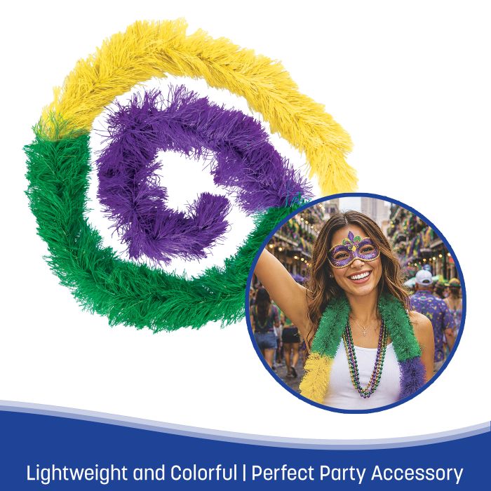 6 Pack Bulk Mardi Gras Fluffy Boa Gold, Green & Purple 5 ft 11 inch - view 4
