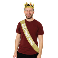 12 Pack Bulk Birthday King's Crown & Glittered Sash Set One Size Fits Most
