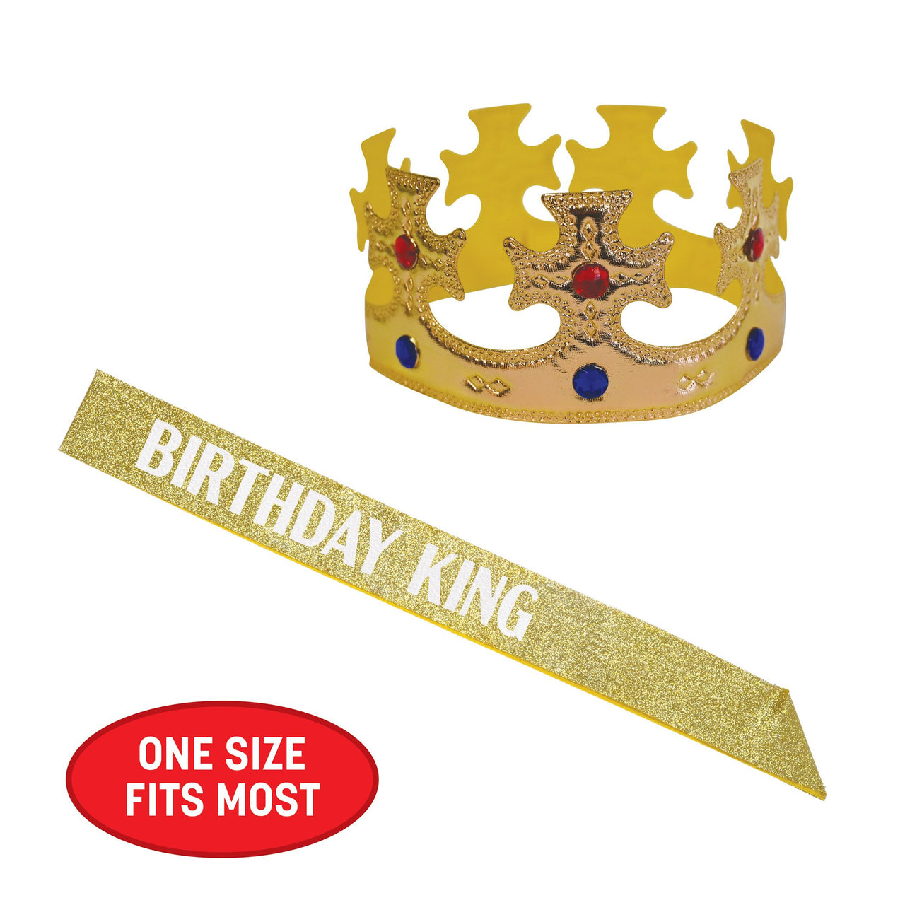 12 Pack Bulk Birthday King's Crown & Glittered Sash Set One Size Fits Most
