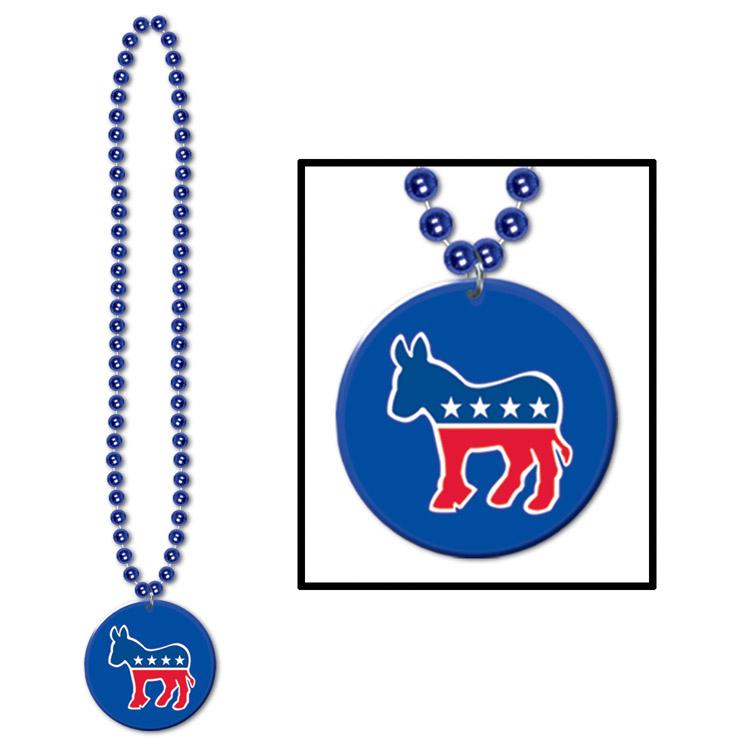 Bead Necklace with Democratic Party Medallion - Bulk 12 Pack