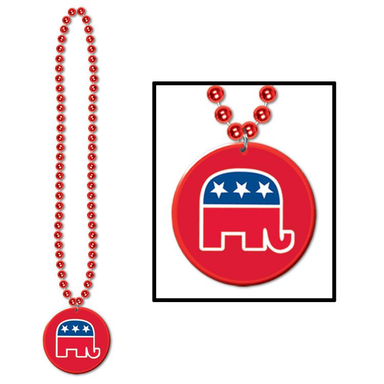 Bead Necklace with Republican Party Medallion - Bulk 12 Pack