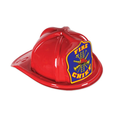Red Plastic Fire Chief Helmet with Blue Shield - Bulk 48 Pack