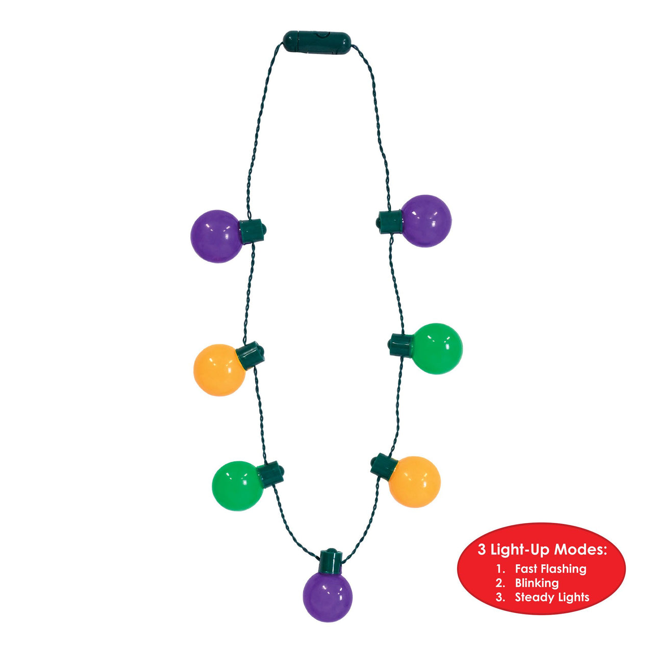 12 Pack Bulk Light-Up Oversized Mardi Gras Necklace 3 Light Modes