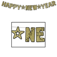 Glittered Happy New Year Streamer - black/gold - Bulk 12 Pack