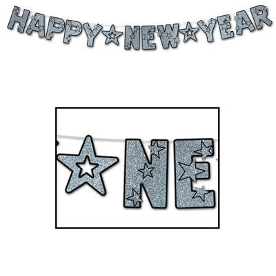 Glittered Happy New Year Streamer - black/silver - Bulk 12 Pack