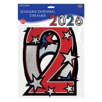 12 Pack Bulk 2026 Patriotic Streamer Red, Silver Blue Glitter