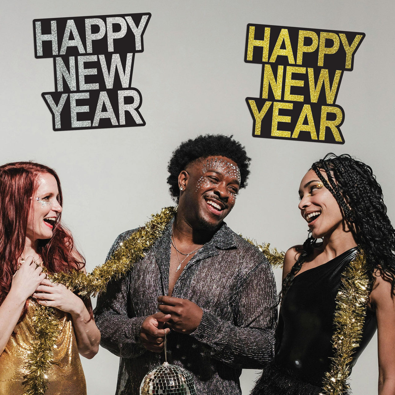 24 Pack Bulk Happy New Year Glitter Cutouts Black & Gold/Silver