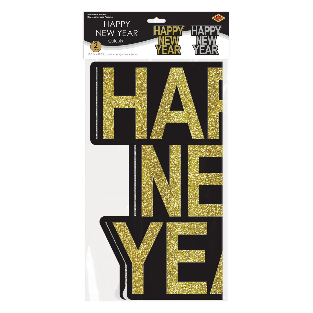 24 Pack Bulk Happy New Year Glitter Cutouts Black & Gold/Silver