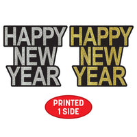 24 Pack Bulk Happy New Year Glitter Cutouts Black & Gold/Silver