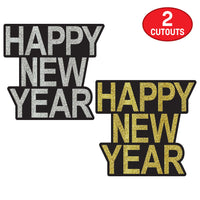 24 Pack Bulk Happy New Year Glitter Cutouts Black & Gold/Silver