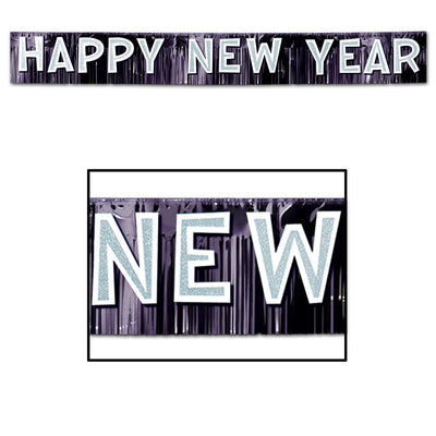 Metallic Happy New Year Banner- Black and Silver - Bulk 6 Pack