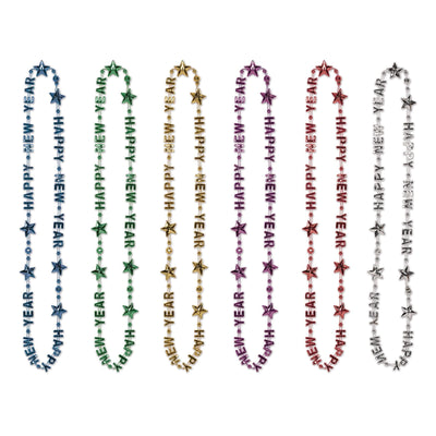 Happy New Year Bead Necklaces- Multicolor - Bulk 12 Pack