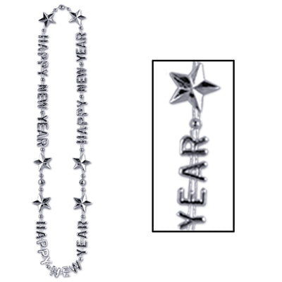 Happy New Year Bead Necklaces - silver - Bulk 12 Pack