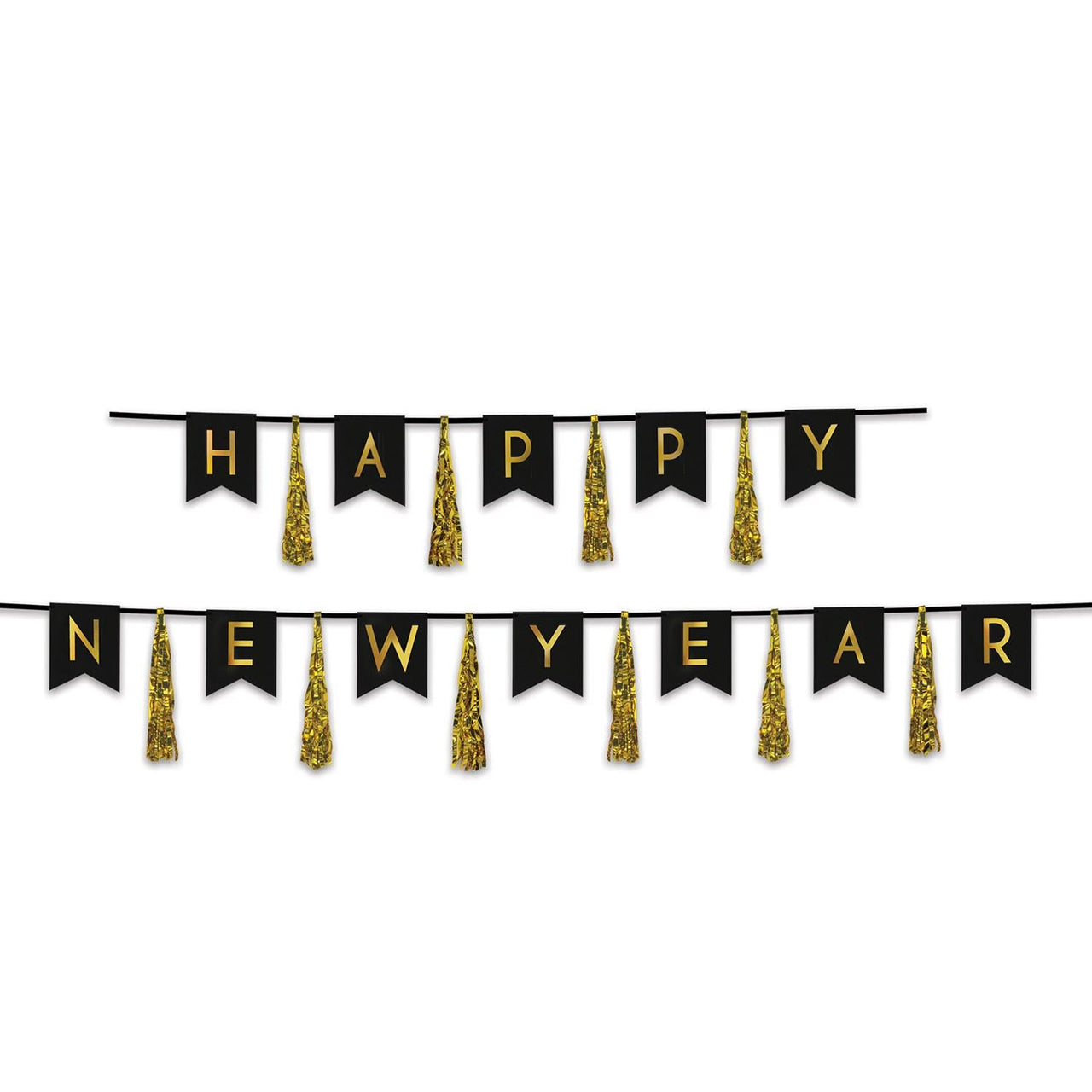 Happy New Year Tassel Streamer- Black and Gold - Bulk 12 Pack