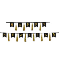 Happy New Year Tassel Streamer- Black and Gold - Bulk 12 Pack