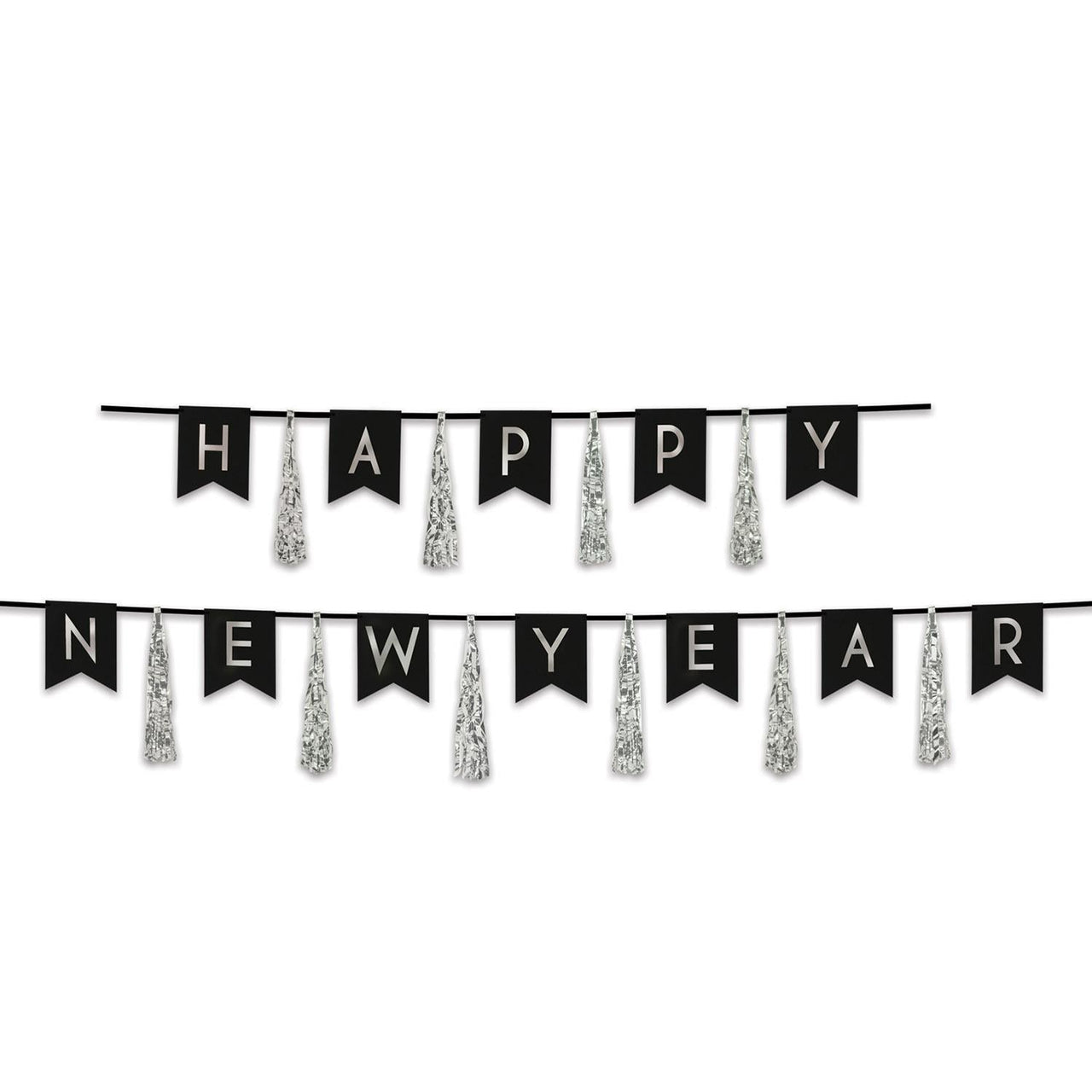 Happy New Year Tassel Streamer- Black and Silver - Bulk 12 Pack