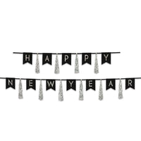 Happy New Year Tassel Streamer- Black and Silver - Bulk 12 Pack