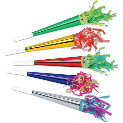 Foil New Years Party Horns with Tassel assorted colors - Bulk 100 Pack